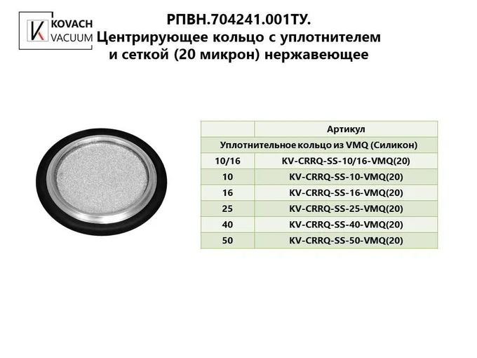 Центрирующее кольцо c уплотнителем и сеткой (20 микрон) нержавеющее